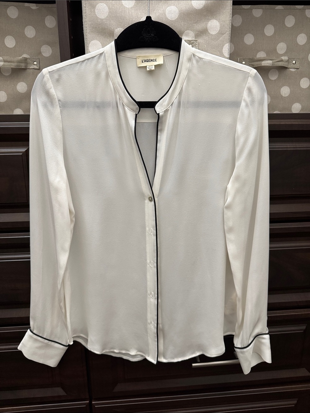 L'AGENCE Ivory Silk Blouse with Black Trim